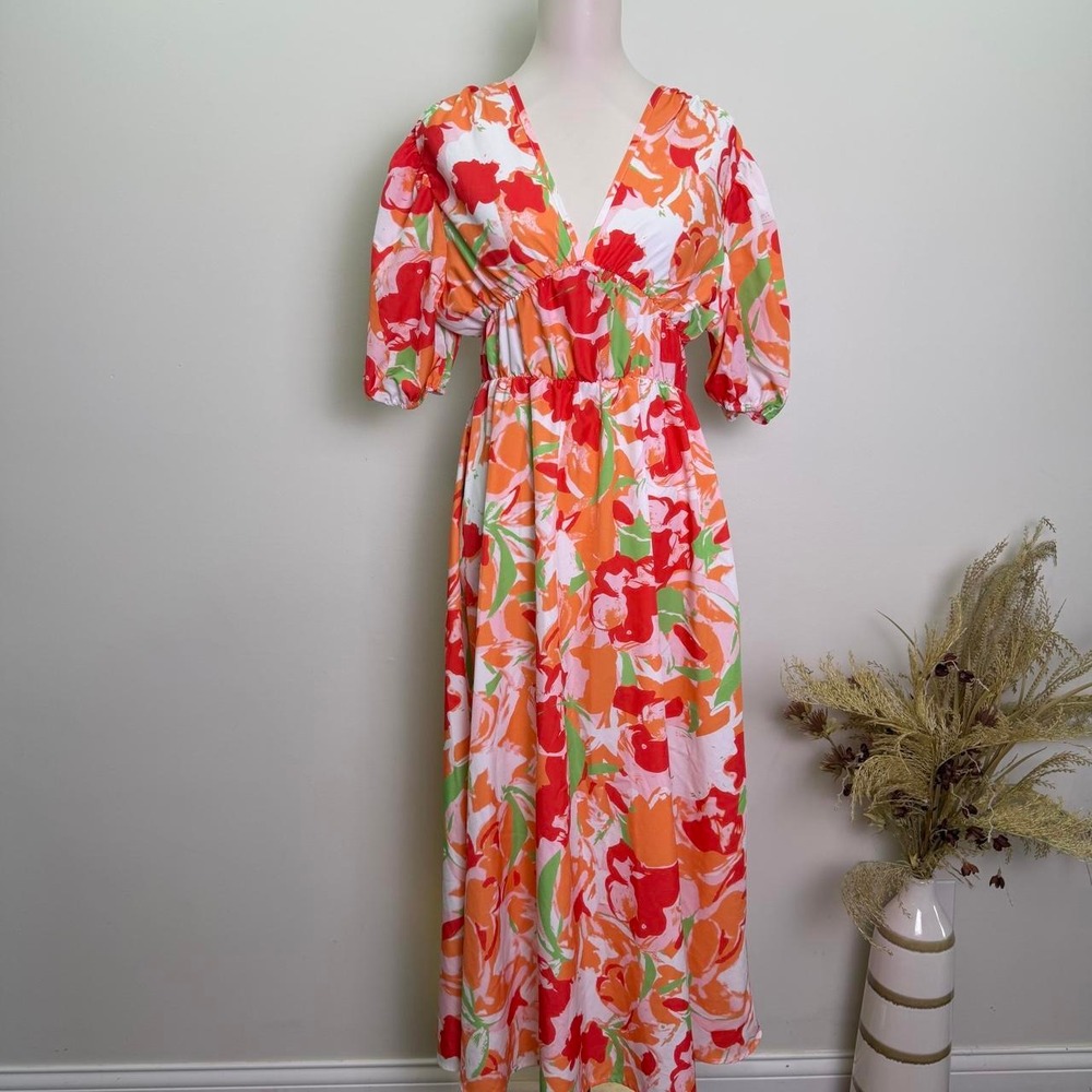 Retro Vibrant Floral V-Neck Stretchy Midi / Maxi Dress Large